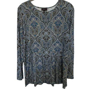 J Jill Wearever Collection Sz M Petite Paisley Tunic Top Long Sleeve Blue Multi